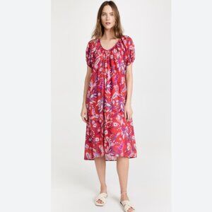 Anthropologie SUNDRY Red Floral Puff Sleeve Boho Dress Cotton Purple Red Sz S/M